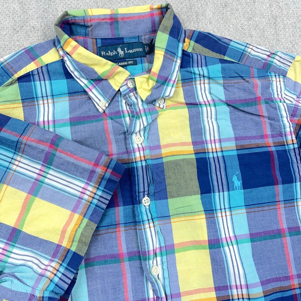 Ralph Lauren Shirt Men XL Blue Yellow Plaid Button Up Camp Madras Classic Fit